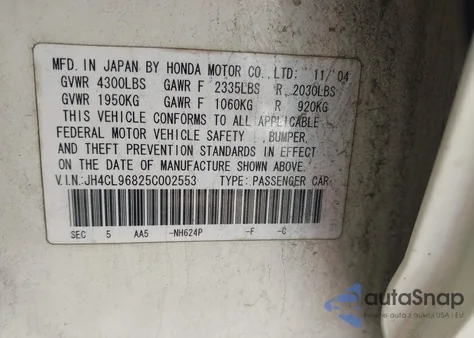 2005 Acura Tsx z USA, uszkodzony, nr VIN JH4CL96825C002553